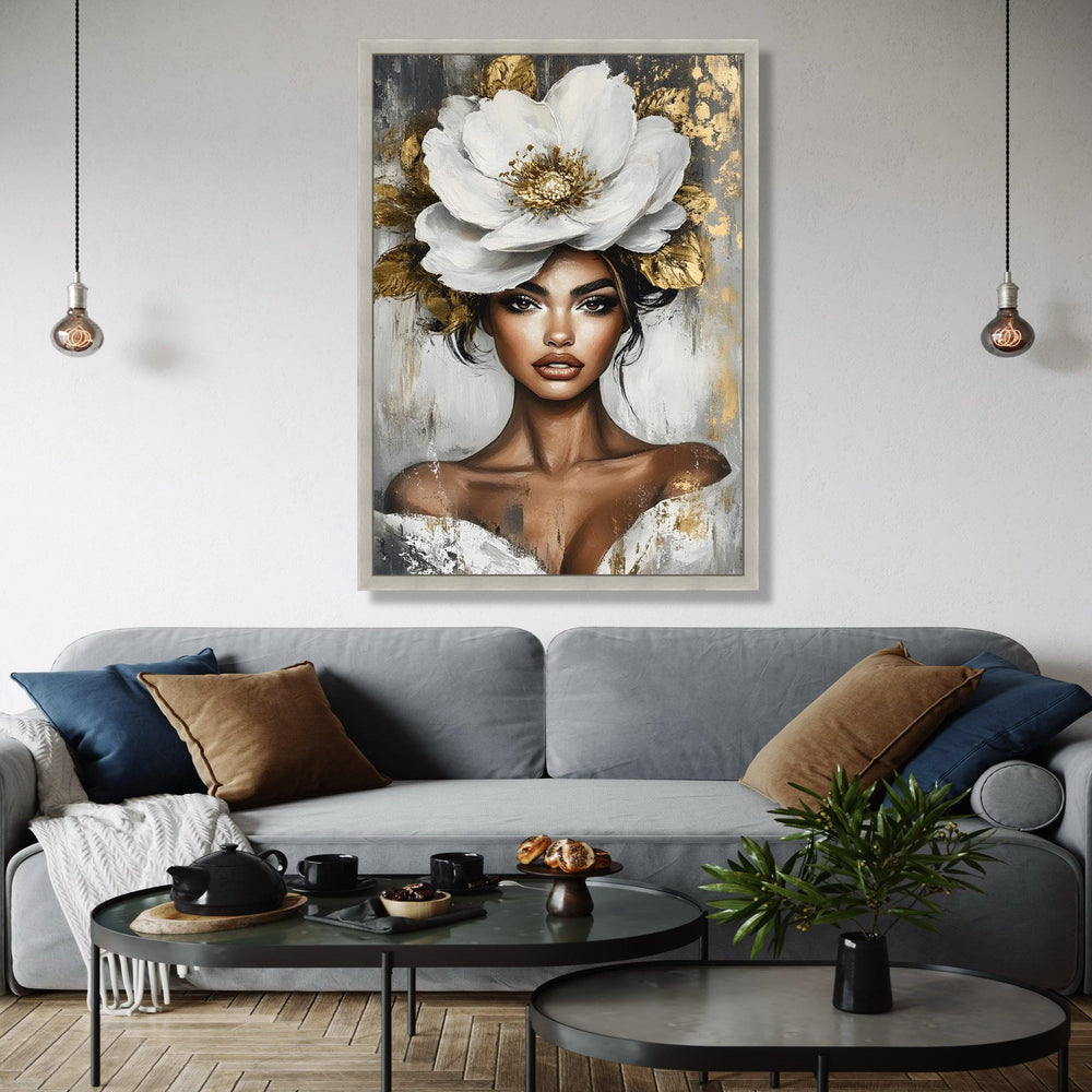 Elegant Woman Portrait Canvas, White Flower Headpiece Art, Modern Beauty Wall Art, Glamorous Female Canvas, Gift Art, Home Decor, Print