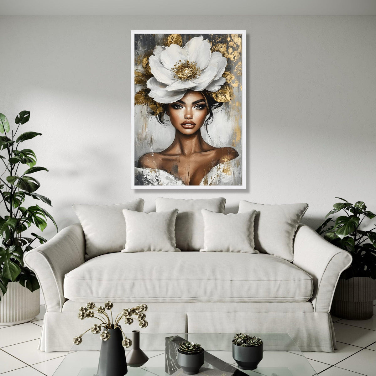 Elegant Woman Portrait Canvas, White Flower Headpiece Art, Modern Beauty Wall Art, Glamorous Female Canvas, Gift Art, Home Decor, Print