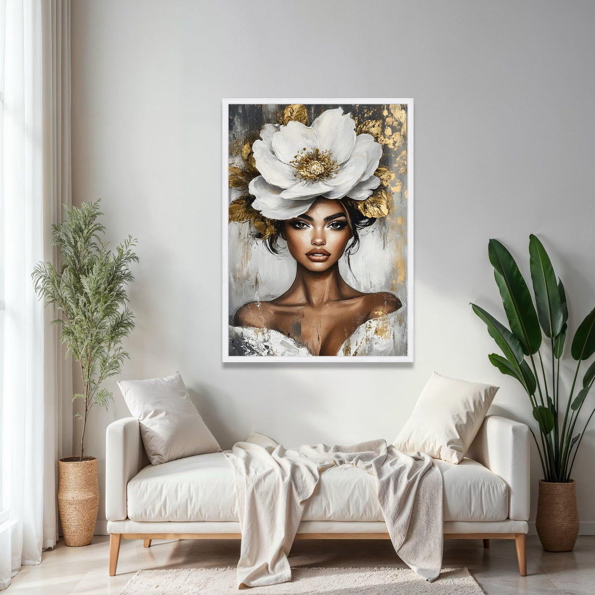 Elegant Woman Portrait Canvas, White Flower Headpiece Art, Modern Beauty Wall Art, Glamorous Female Canvas, Gift Art, Home Decor, Print