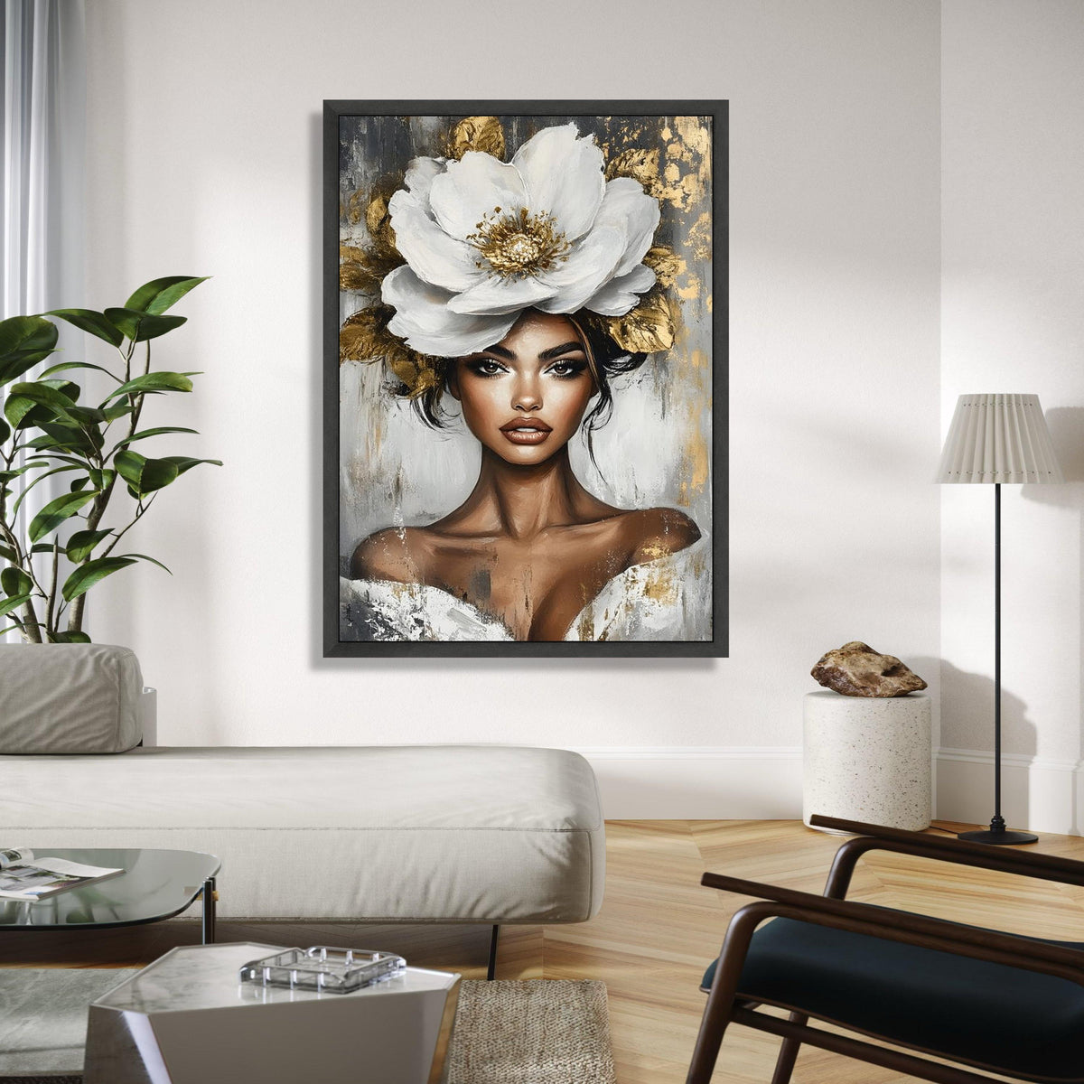 Elegant Woman Portrait Canvas, White Flower Headpiece Art, Modern Beauty Wall Art, Glamorous Female Canvas, Gift Art, Home Decor, Print