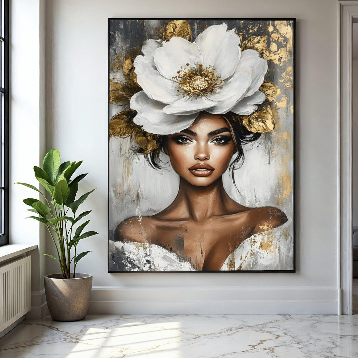 Elegant Woman Portrait Canvas, White Flower Headpiece Art, Modern Beauty Wall Art, Glamorous Female Canvas, Gift Art, Home Decor, Print
