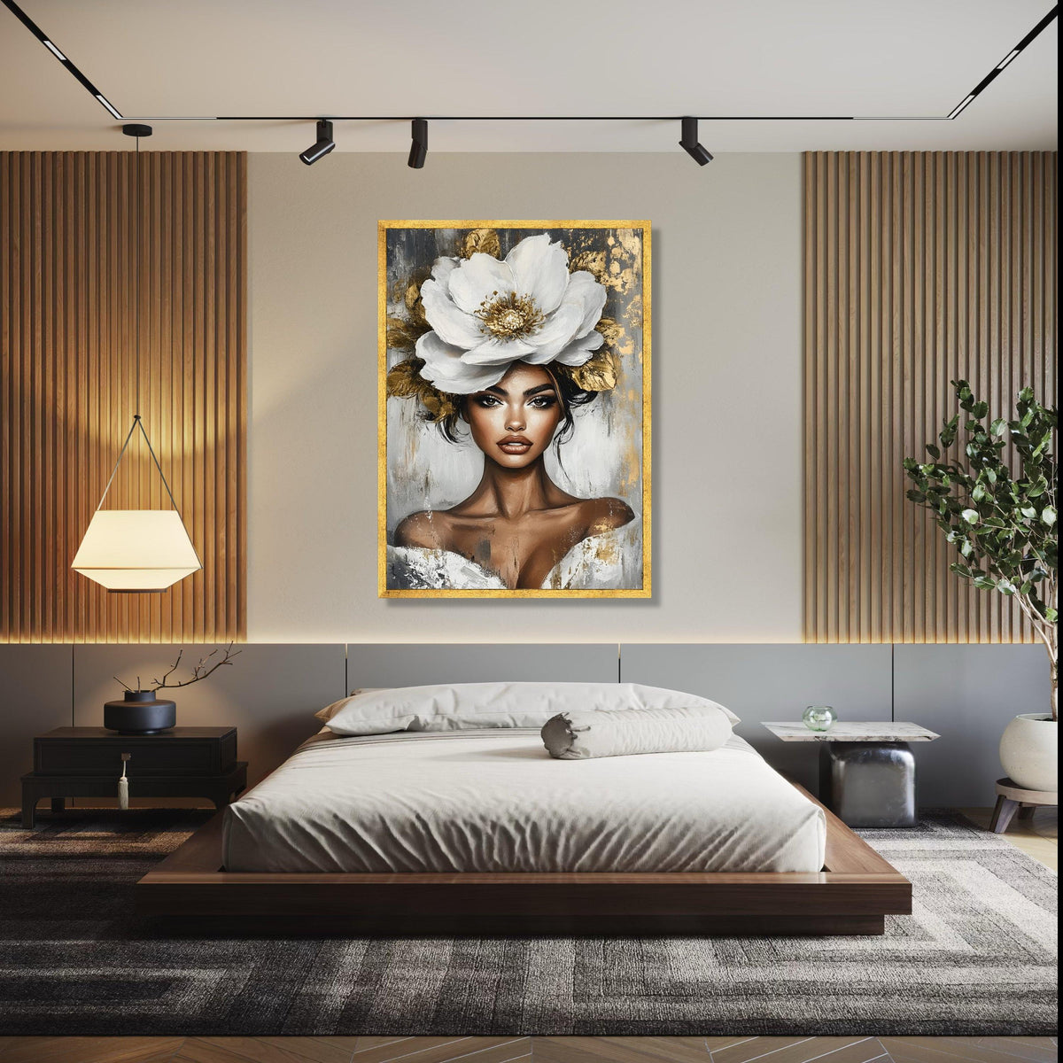Elegant Woman Portrait Canvas, White Flower Headpiece Art, Modern Beauty Wall Art, Glamorous Female Canvas, Gift Art, Home Decor, Print