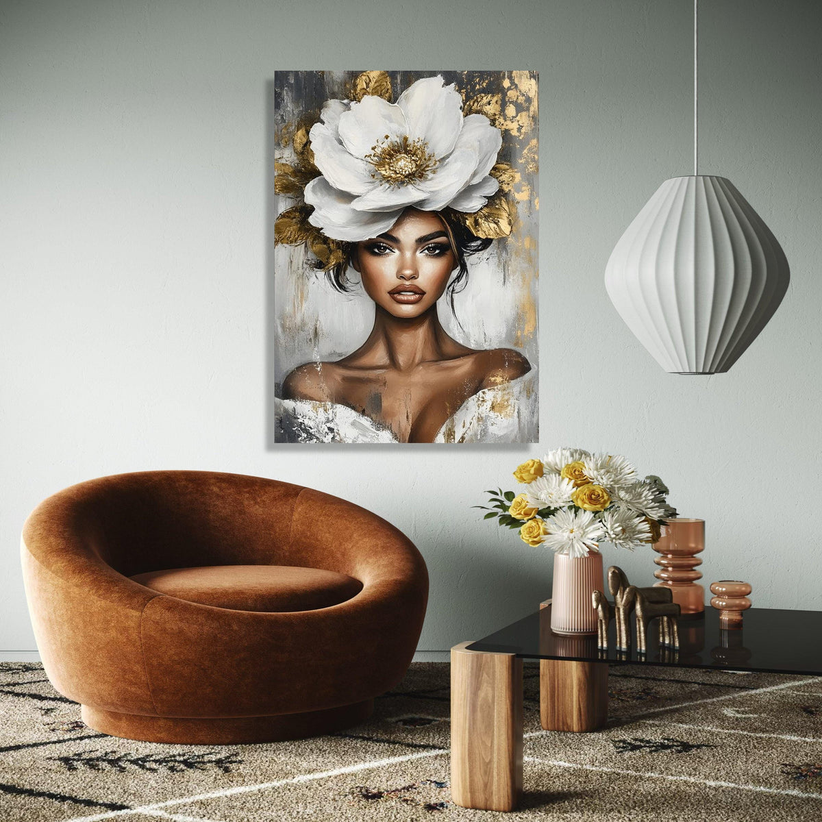 Elegant Woman Portrait Canvas, White Flower Headpiece Art, Modern Beauty Wall Art, Glamorous Female Canvas, Gift Art, Home Decor, Print