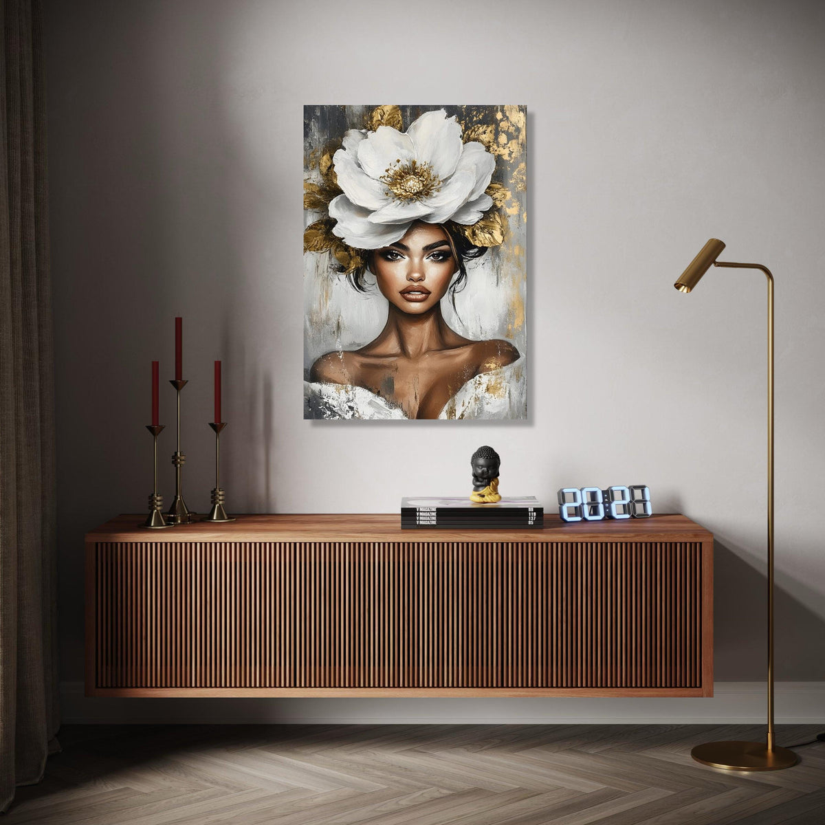 Elegant Woman Portrait Canvas, White Flower Headpiece Art, Modern Beauty Wall Art, Glamorous Female Canvas, Gift Art, Home Decor, Print