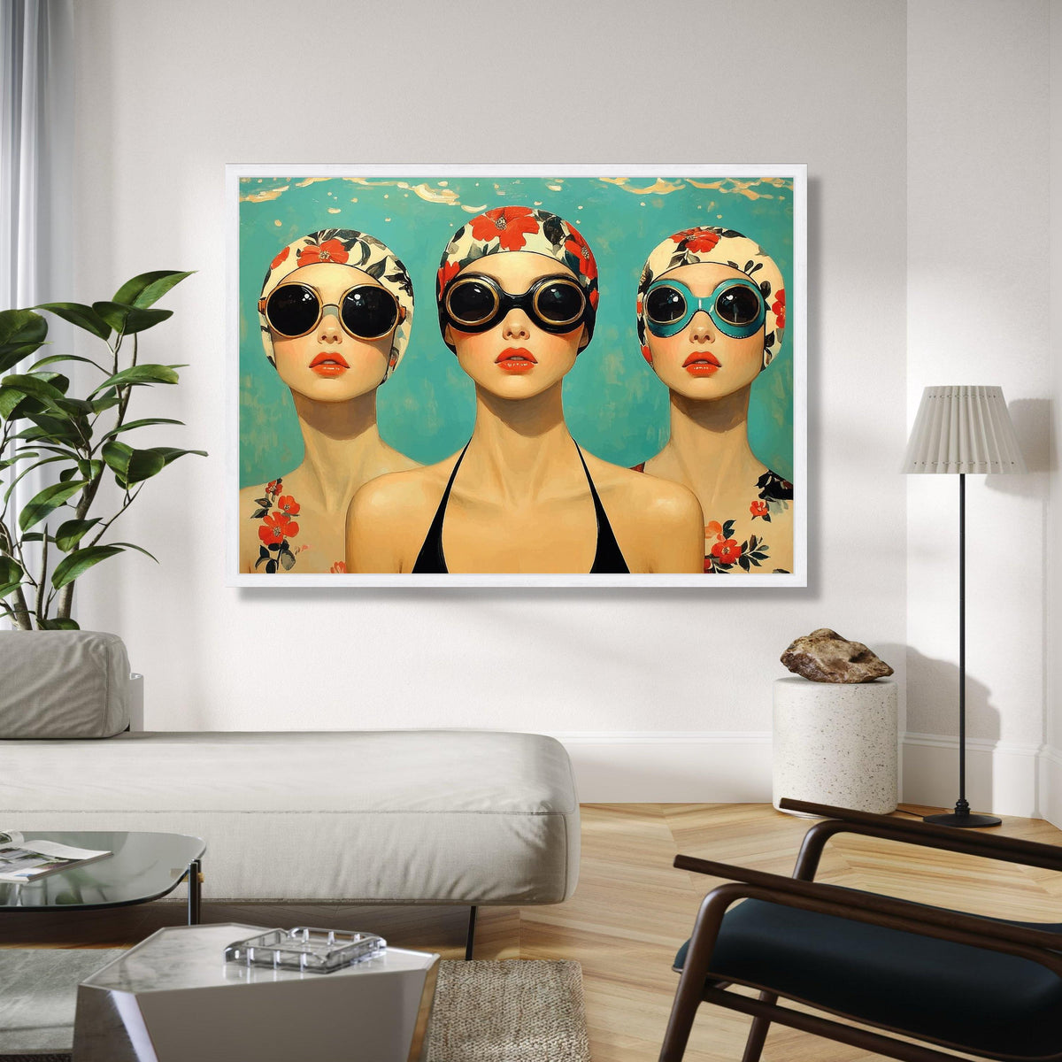 Vintage Swim Cap Portraits Canvas, Retro Women in Sunglasses Wall Art, Floral Pattern Swimwear Canvas, Bold Gift Art, Home Decor, Print