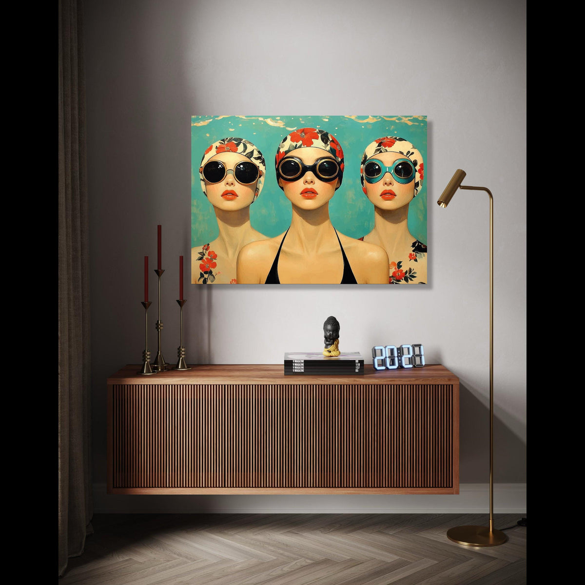Vintage Swim Cap Portraits Canvas, Retro Women in Sunglasses Wall Art, Floral Pattern Swimwear Canvas, Bold Gift Art, Home Decor, Print
