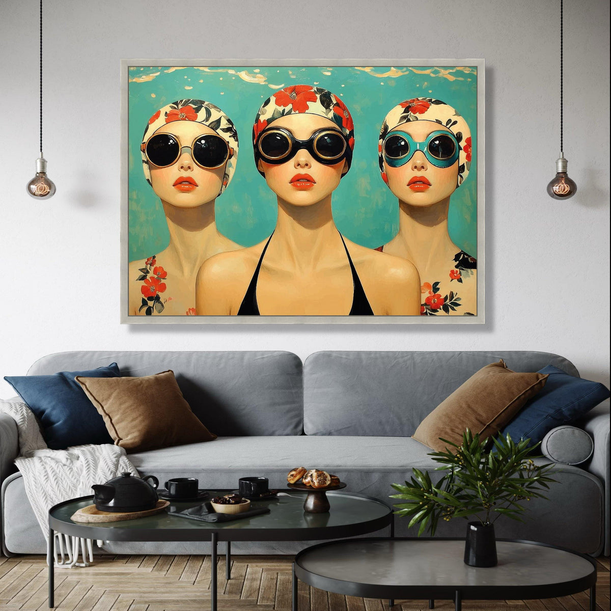 Vintage Swim Cap Portraits Canvas, Retro Women in Sunglasses Wall Art, Floral Pattern Swimwear Canvas, Bold Gift Art, Home Decor, Print