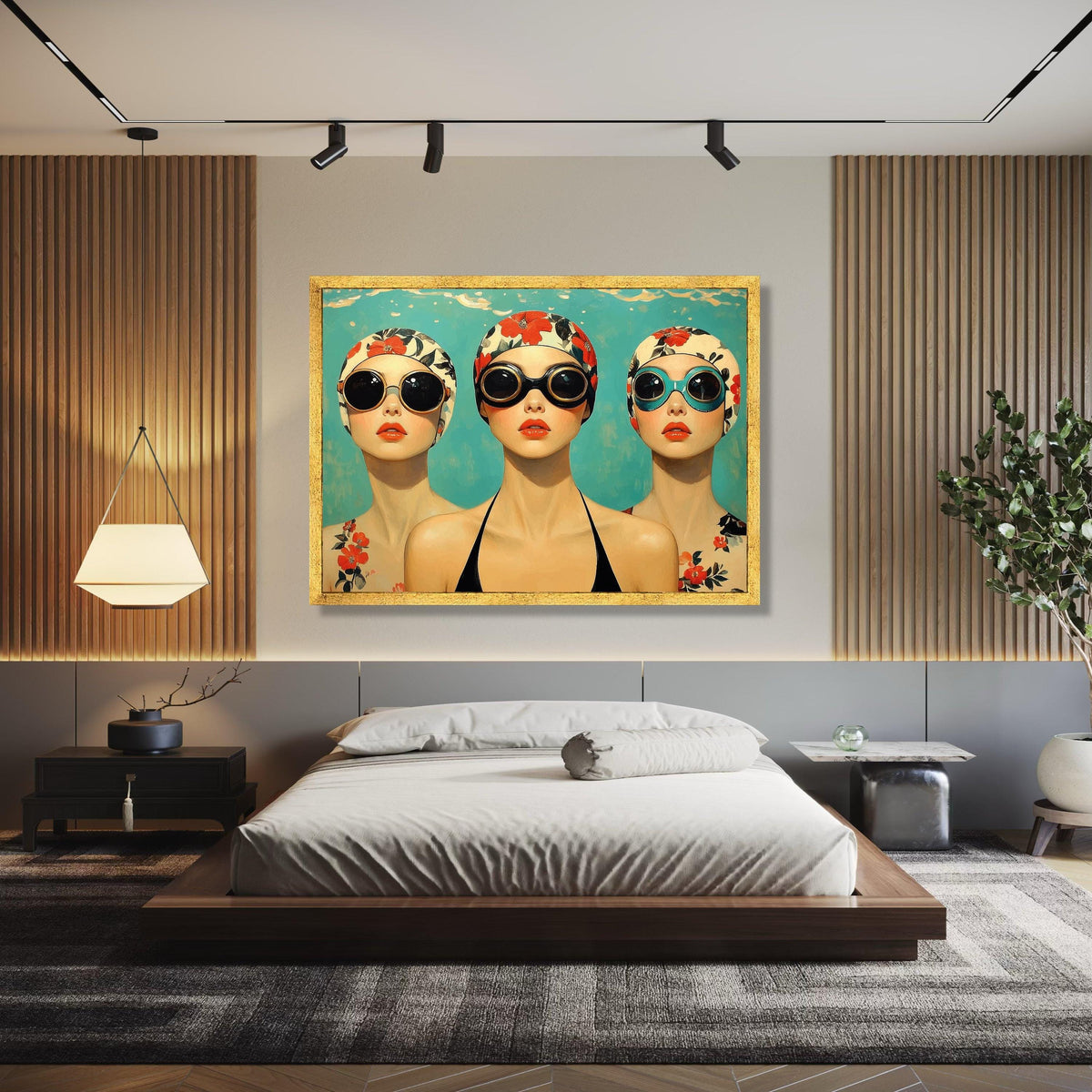 Vintage Swim Cap Portraits Canvas, Retro Women in Sunglasses Wall Art, Floral Pattern Swimwear Canvas, Bold Gift Art, Home Decor, Print