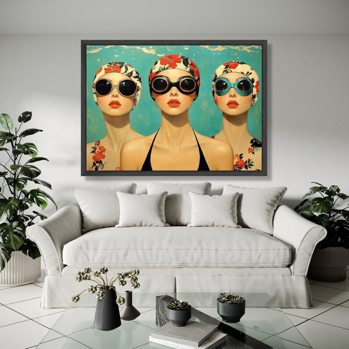 Vintage Swim Cap Portraits Canvas, Retro Women in Sunglasses Wall Art, Floral Pattern Swimwear Canvas, Bold Gift Art, Home Decor, Print