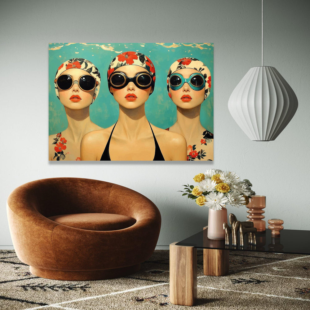 Vintage Swim Cap Portraits Canvas, Retro Women in Sunglasses Wall Art, Floral Pattern Swimwear Canvas, Bold Gift Art, Home Decor, Print