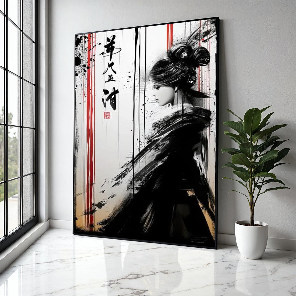 Asian Woman Ink Art Canvas, Black and White Japanese Style Wall Art, Modern Oriental Canvas Decor, Minimalist Gift Art, Home Decor, Print