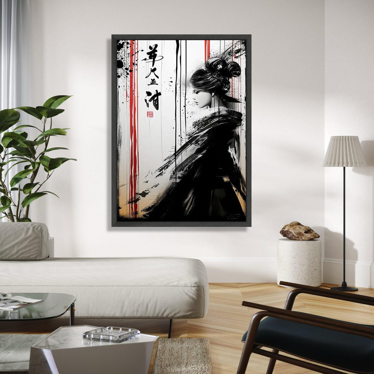 Asian Woman Ink Art Canvas, Black and White Japanese Style Wall Art, Modern Oriental Canvas Decor, Minimalist Gift Art, Home Decor, Print