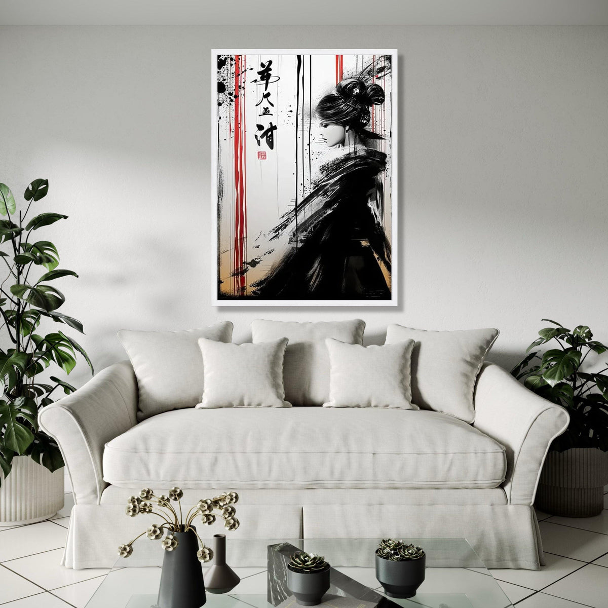 Asian Woman Ink Art Canvas, Black and White Japanese Style Wall Art, Modern Oriental Canvas Decor, Minimalist Gift Art, Home Decor, Print