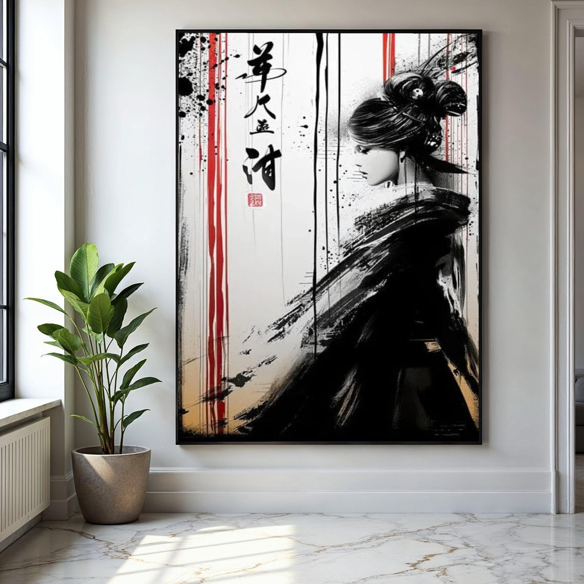 Asian Woman Ink Art Canvas, Black and White Japanese Style Wall Art, Modern Oriental Canvas Decor, Minimalist Gift Art, Home Decor, Print