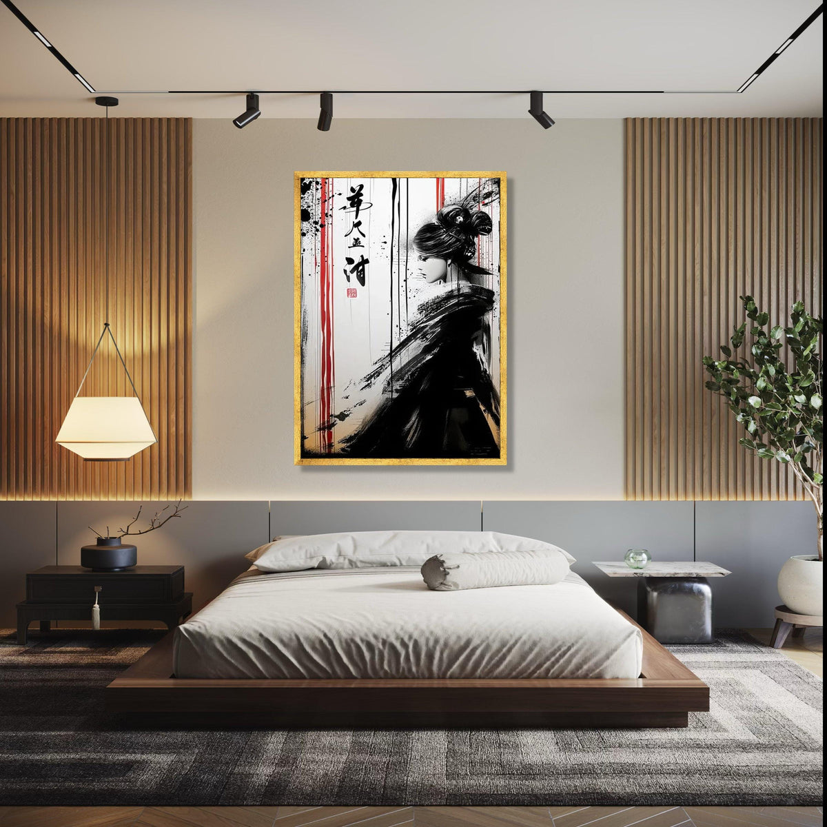 Asian Woman Ink Art Canvas, Black and White Japanese Style Wall Art, Modern Oriental Canvas Decor, Minimalist Gift Art, Home Decor, Print