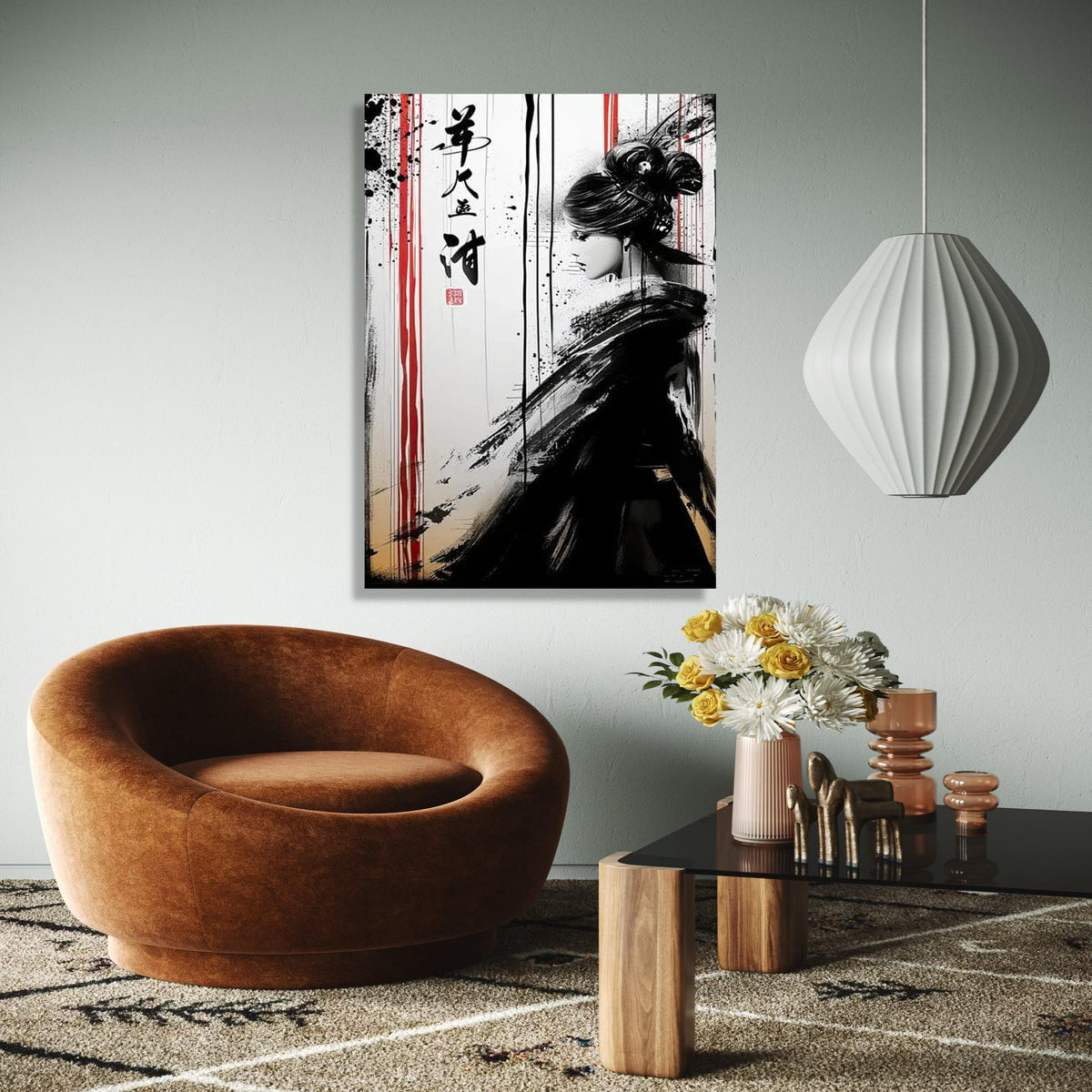 Asian Woman Ink Art Canvas, Black and White Japanese Style Wall Art, Modern Oriental Canvas Decor, Minimalist Gift Art, Home Decor, Print