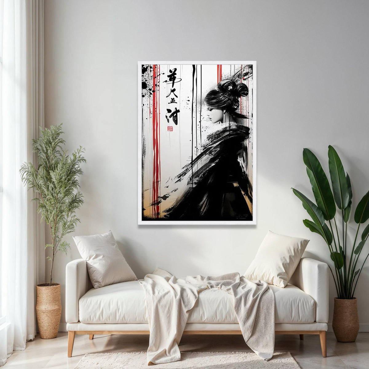 Asian Woman Ink Art Canvas, Black and White Japanese Style Wall Art, Modern Oriental Canvas Decor, Minimalist Gift Art, Home Decor, Print
