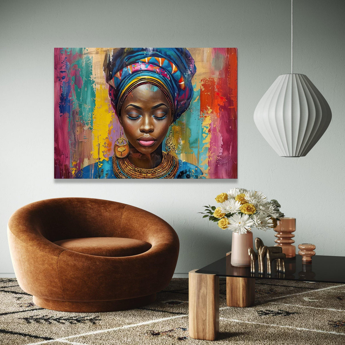 Vibrant African Woman Portrait Canvas, Colorful Headwrap Wall Art, Ethnic Beauty Painting, Modern Tribal Canvas Gift Art, Home Decor, Print