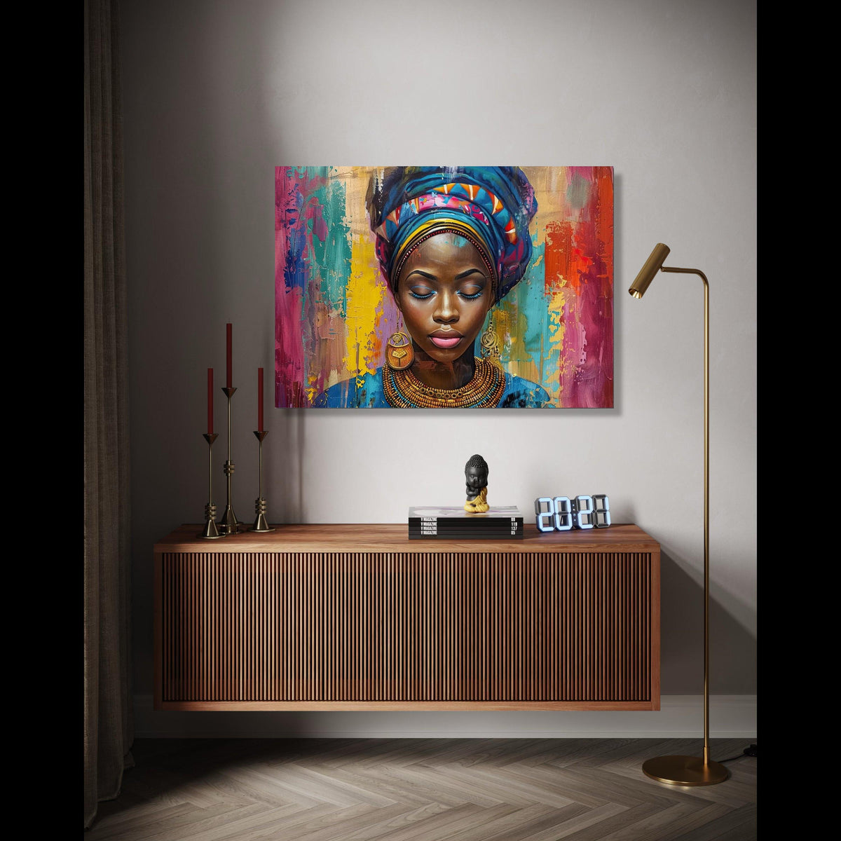 Vibrant African Woman Portrait Canvas, Colorful Headwrap Wall Art, Ethnic Beauty Painting, Modern Tribal Canvas Gift Art, Home Decor, Print