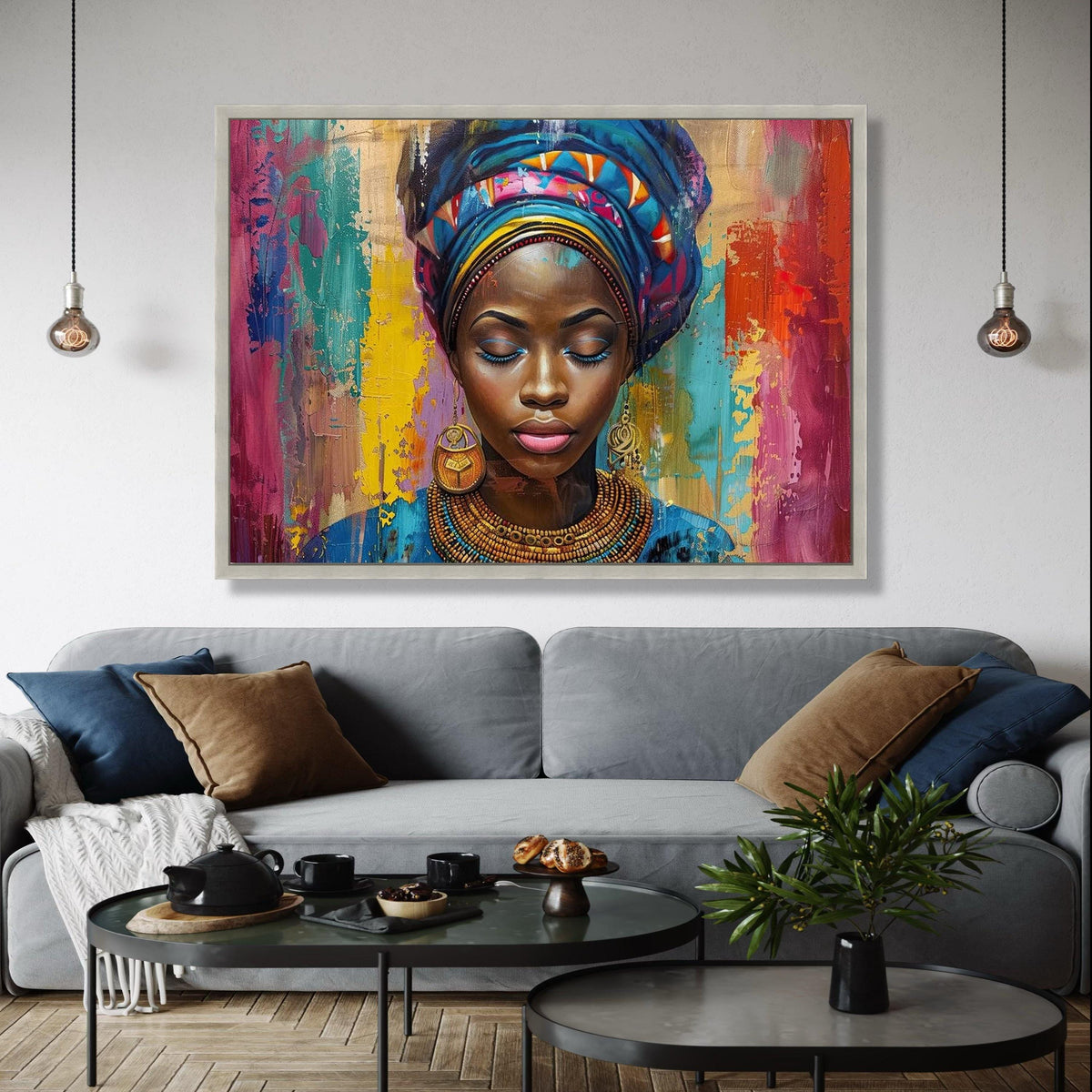 Vibrant African Woman Portrait Canvas, Colorful Headwrap Wall Art, Ethnic Beauty Painting, Modern Tribal Canvas Gift Art, Home Decor, Print