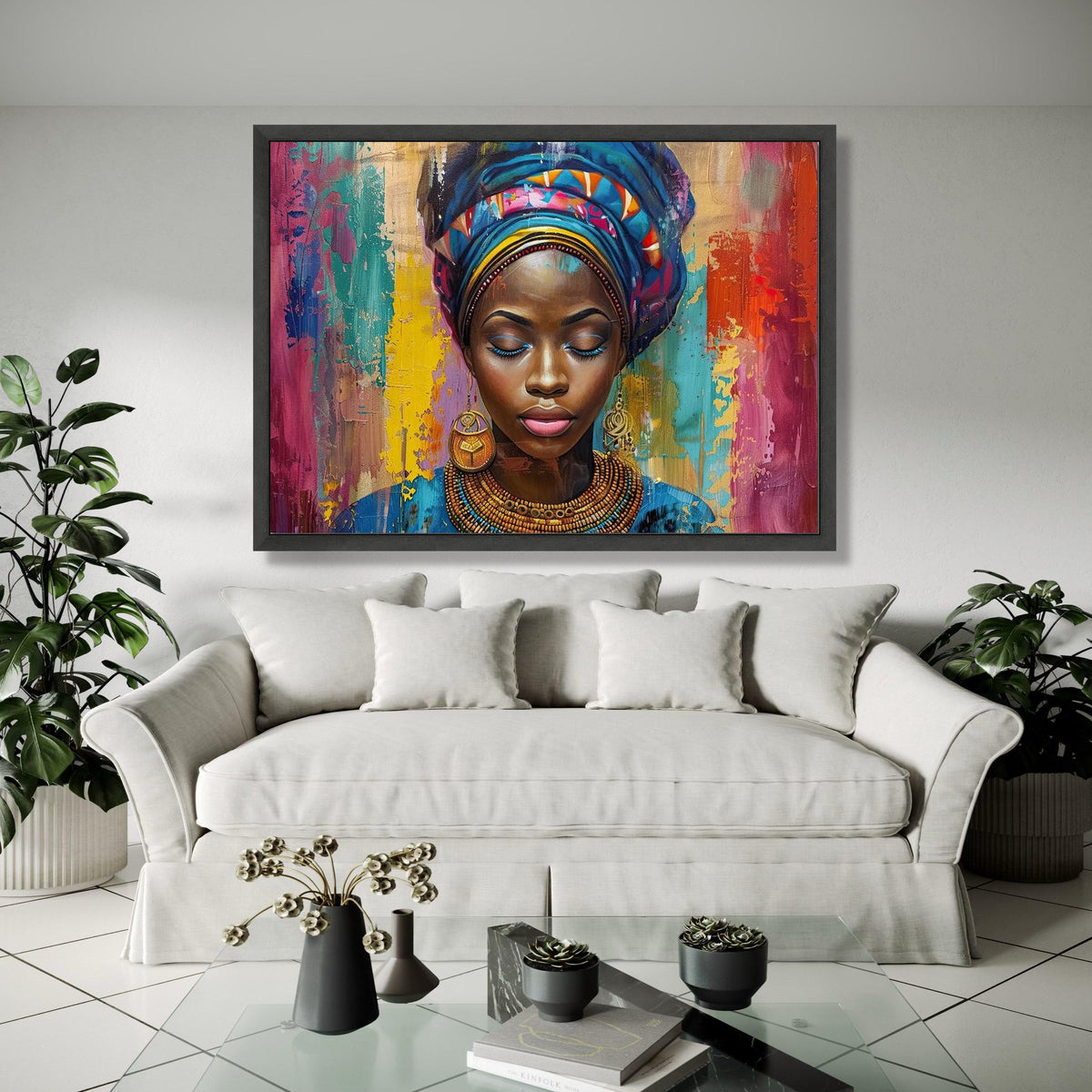 Vibrant African Woman Portrait Canvas, Colorful Headwrap Wall Art, Ethnic Beauty Painting, Modern Tribal Canvas Gift Art, Home Decor, Print