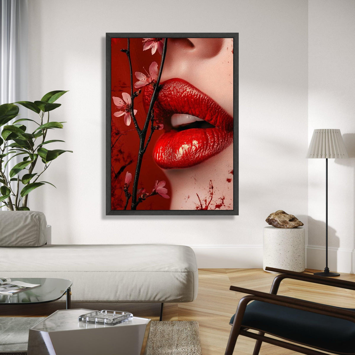 Sensual Red Lips Canvas Wall Art, Floral Blossom Branch, Close-Up Portrait Canvas, Glamour Makeup Art, Modern Gift Art, Home Decor, Print
