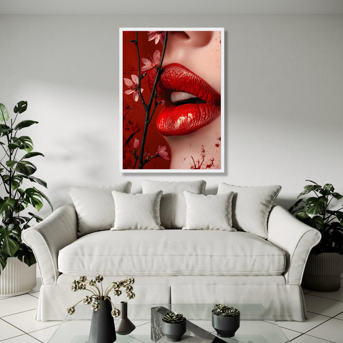 Sensual Red Lips Canvas Wall Art, Floral Blossom Branch, Close-Up Portrait Canvas, Glamour Makeup Art, Modern Gift Art, Home Decor, Print