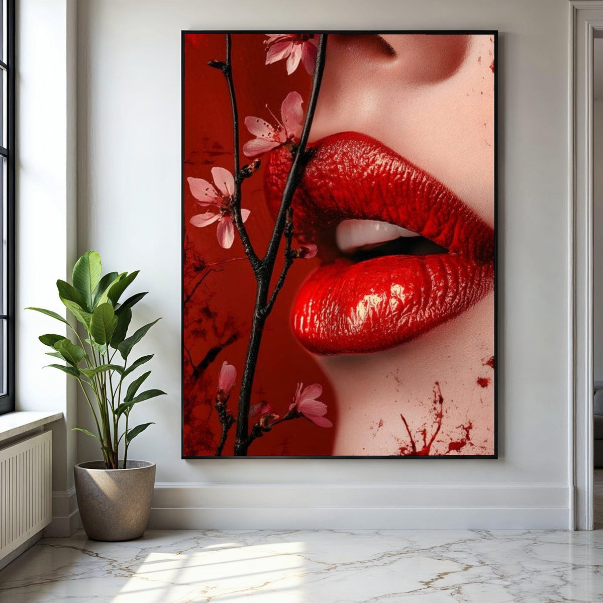 Sensual Red Lips Canvas Wall Art, Floral Blossom Branch, Close-Up Portrait Canvas, Glamour Makeup Art, Modern Gift Art, Home Decor, Print