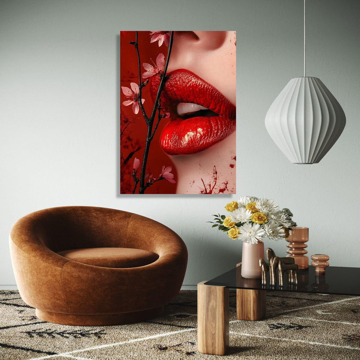 Sensual Red Lips Canvas Wall Art, Floral Blossom Branch, Close-Up Portrait Canvas, Glamour Makeup Art, Modern Gift Art, Home Decor, Print