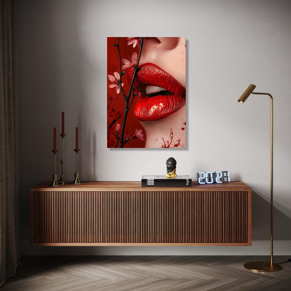 Sensual Red Lips Canvas Wall Art, Floral Blossom Branch, Close-Up Portrait Canvas, Glamour Makeup Art, Modern Gift Art, Home Decor, Print