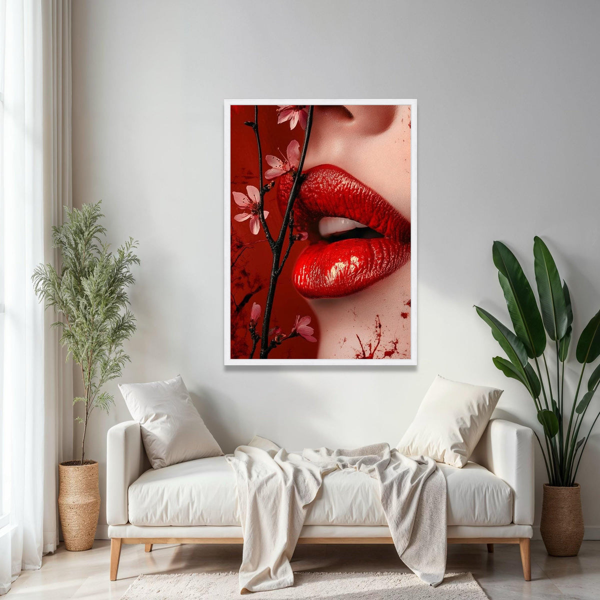 Sensual Red Lips Canvas Wall Art, Floral Blossom Branch, Close-Up Portrait Canvas, Glamour Makeup Art, Modern Gift Art, Home Decor, Print