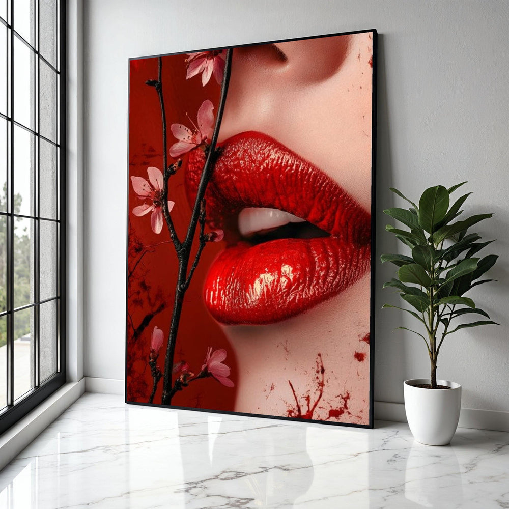 Sensual Red Lips Canvas Wall Art, Floral Blossom Branch, Close-Up Portrait Canvas, Glamour Makeup Art, Modern Gift Art, Home Decor, Print