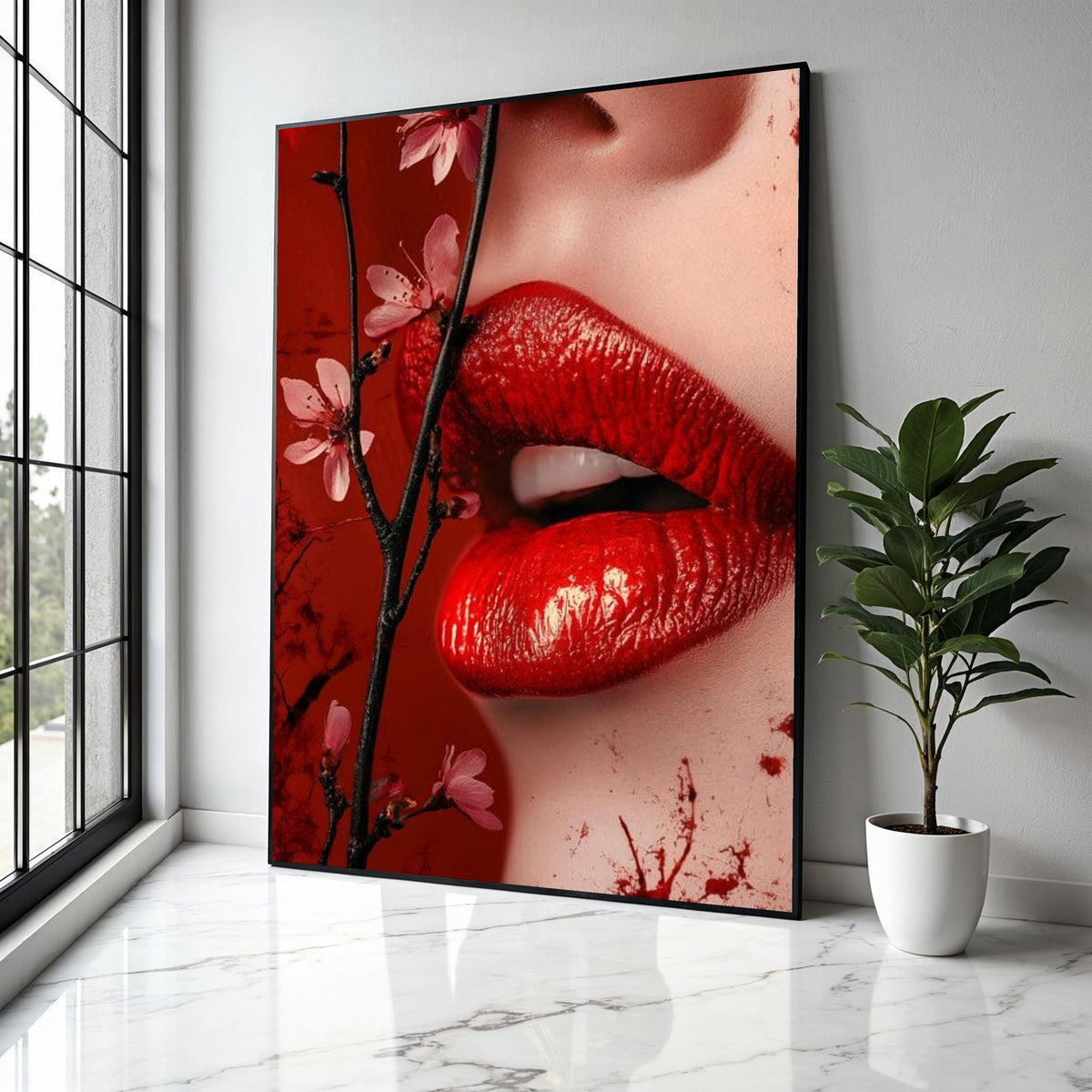 Sensual Red Lips Canvas Wall Art, Floral Blossom Branch, Close-Up Portrait Canvas, Glamour Makeup Art, Modern Gift Art, Home Decor, Print