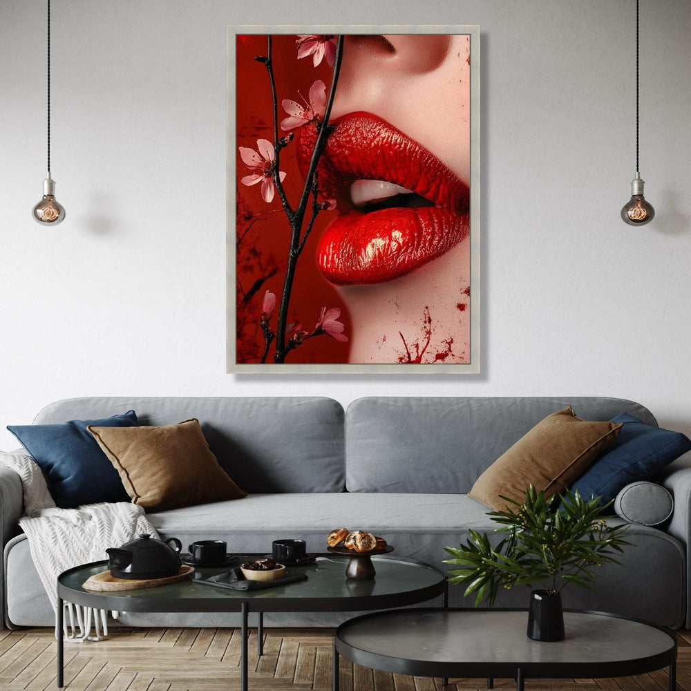 Sensual Red Lips Canvas Wall Art, Floral Blossom Branch, Close-Up Portrait Canvas, Glamour Makeup Art, Modern Gift Art, Home Decor, Print