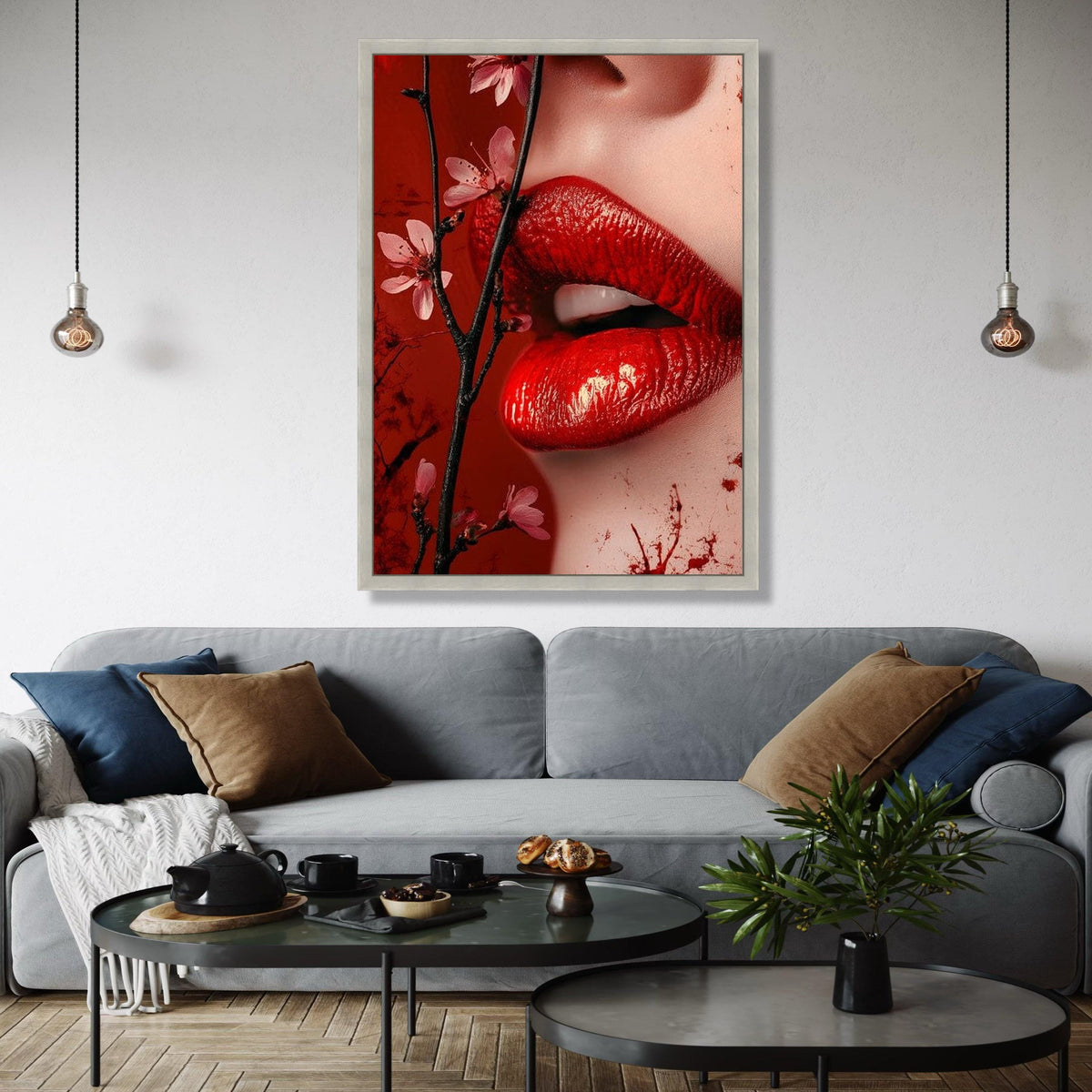 Sensual Red Lips Canvas Wall Art, Floral Blossom Branch, Close-Up Portrait Canvas, Glamour Makeup Art, Modern Gift Art, Home Decor, Print