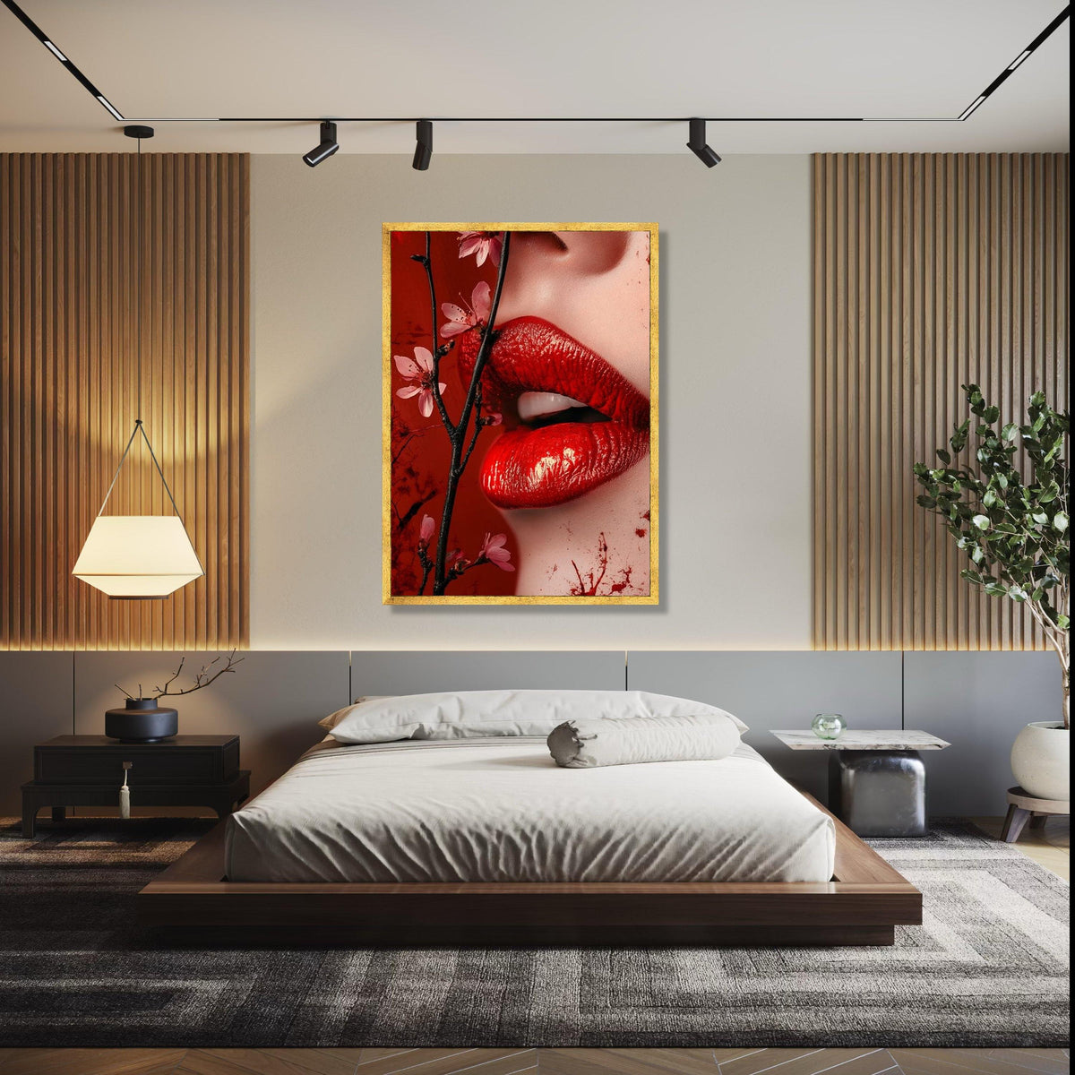 Sensual Red Lips Canvas Wall Art, Floral Blossom Branch, Close-Up Portrait Canvas, Glamour Makeup Art, Modern Gift Art, Home Decor, Print