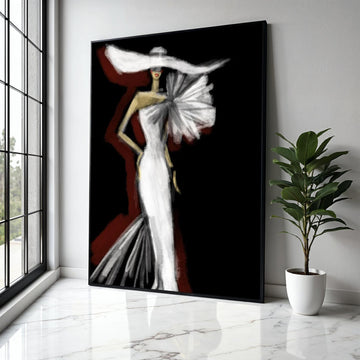 Elegant Fashion Illustration Canvas, Woman in White Gown Wall Art, Modern Glamour Decor, Chic Dress Silhouette Gift Art, Home Decor, Print