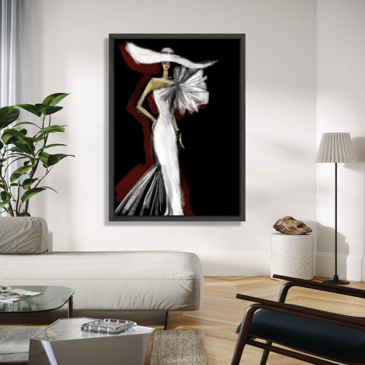 Elegant Fashion Illustration Canvas, Woman in White Gown Wall Art, Modern Glamour Decor, Chic Dress Silhouette Gift Art, Home Decor, Print
