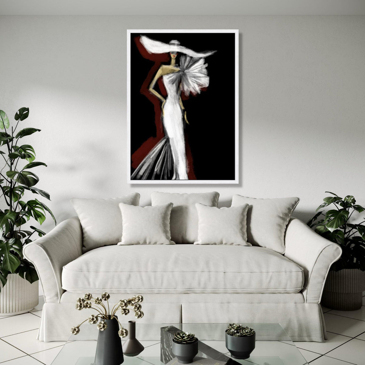 Elegant Fashion Illustration Canvas, Woman in White Gown Wall Art, Modern Glamour Decor, Chic Dress Silhouette Gift Art, Home Decor, Print