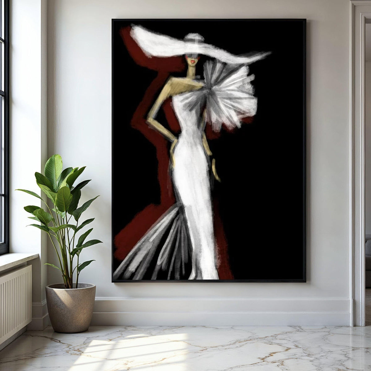 Elegant Fashion Illustration Canvas, Woman in White Gown Wall Art, Modern Glamour Decor, Chic Dress Silhouette Gift Art, Home Decor, Print