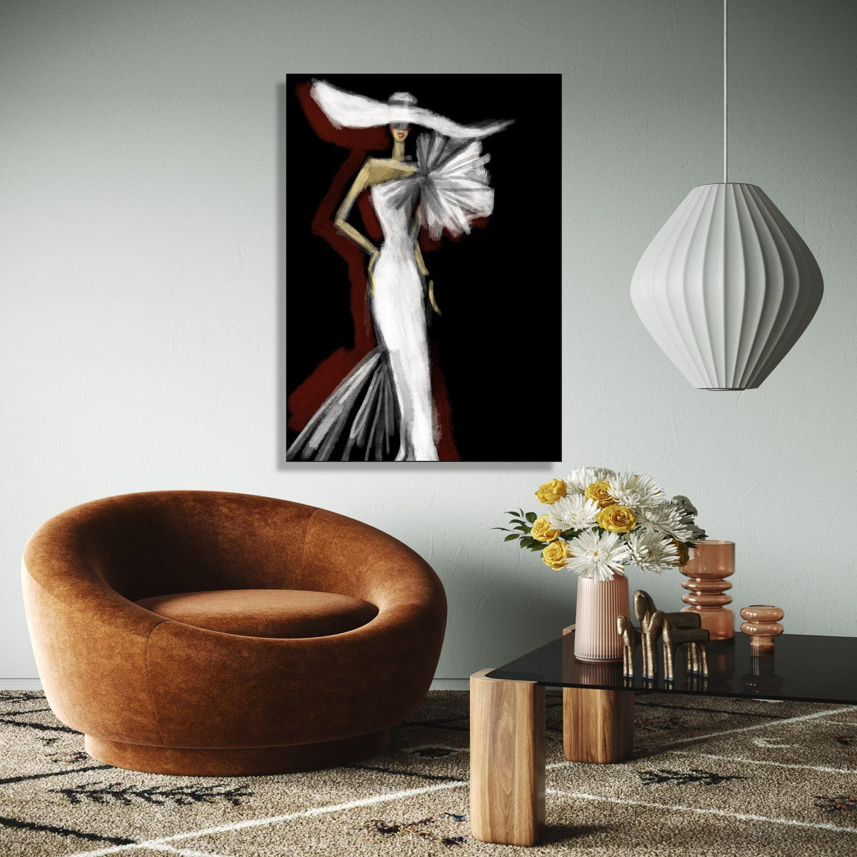 Elegant Fashion Illustration Canvas, Woman in White Gown Wall Art, Modern Glamour Decor, Chic Dress Silhouette Gift Art, Home Decor, Print