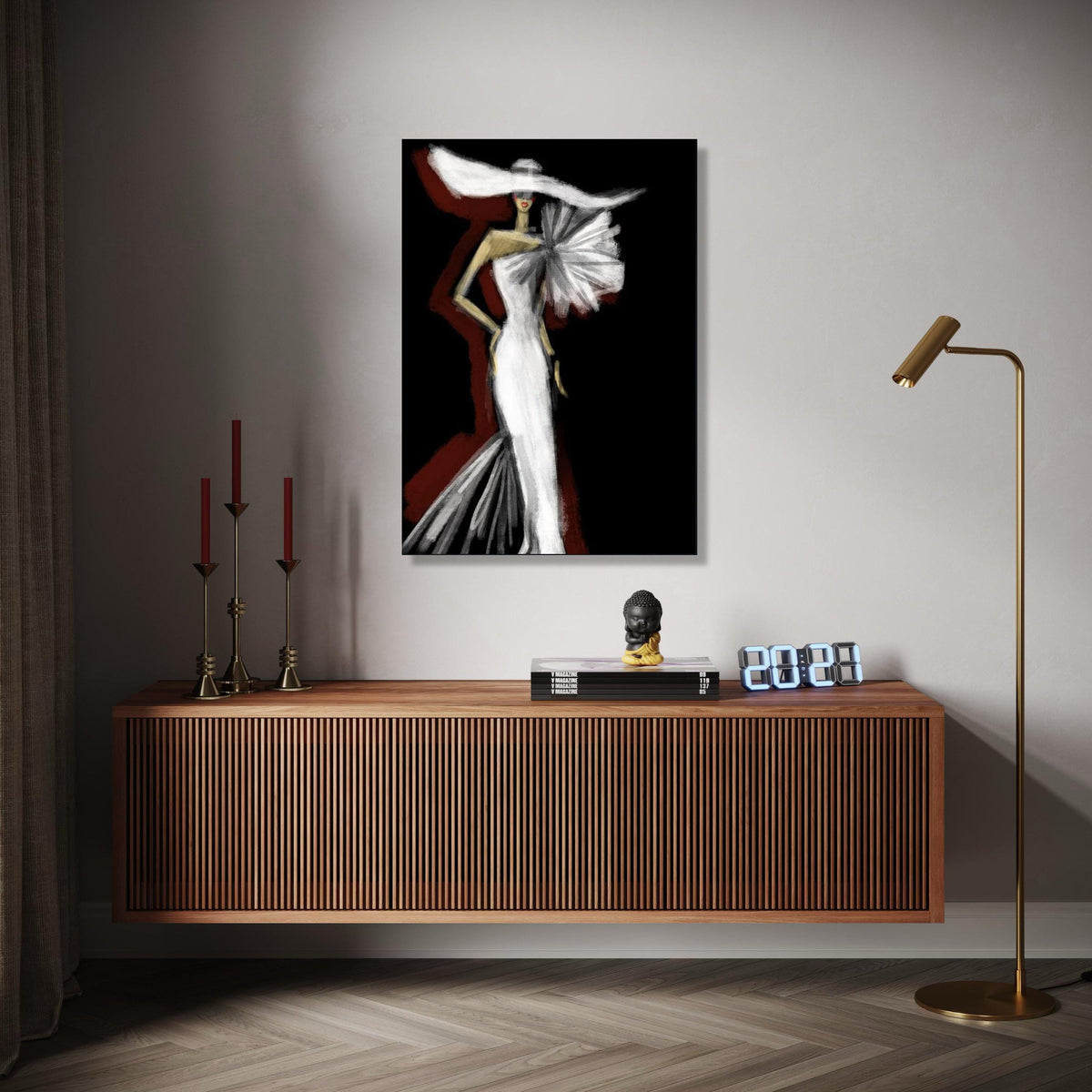 Elegant Fashion Illustration Canvas, Woman in White Gown Wall Art, Modern Glamour Decor, Chic Dress Silhouette Gift Art, Home Decor, Print