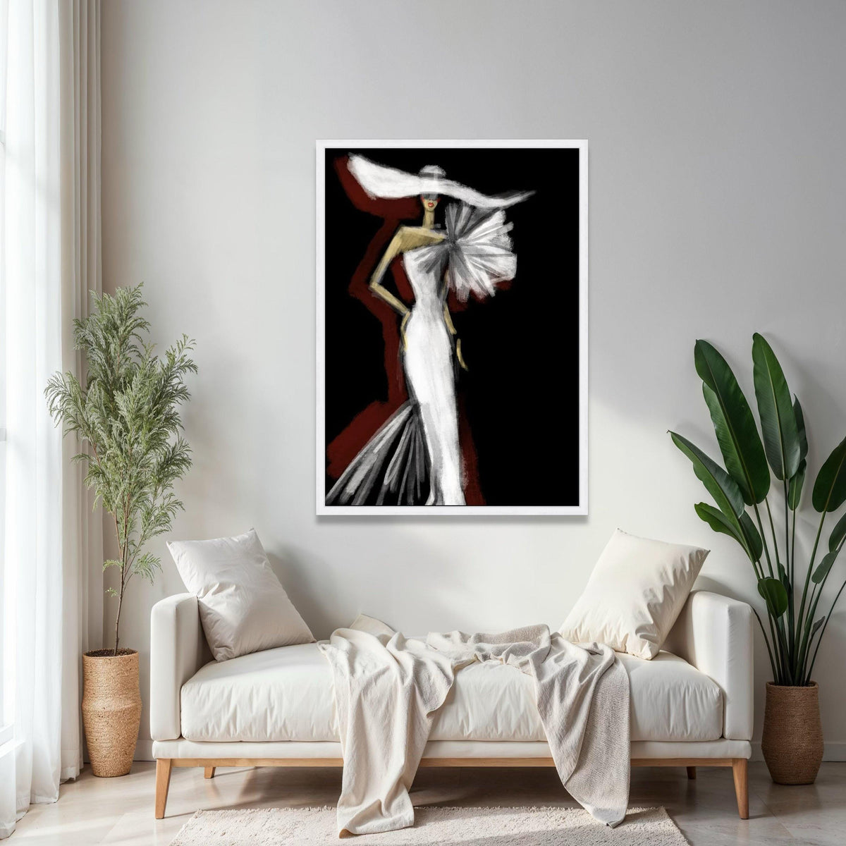 Elegant Fashion Illustration Canvas, Woman in White Gown Wall Art, Modern Glamour Decor, Chic Dress Silhouette Gift Art, Home Decor, Print