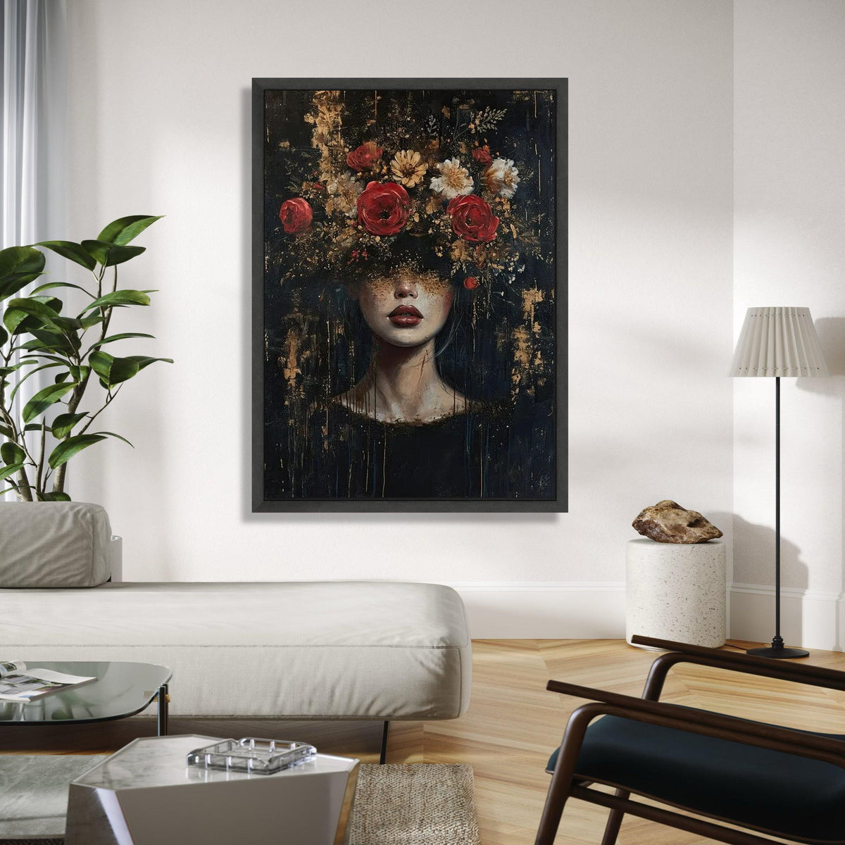 Dark Floral Portrait Canvas Wall Art, Woman with Flowers Painting, Abstract Female Face Decor, Contemporary Art Gift Art, Home Decor, Print