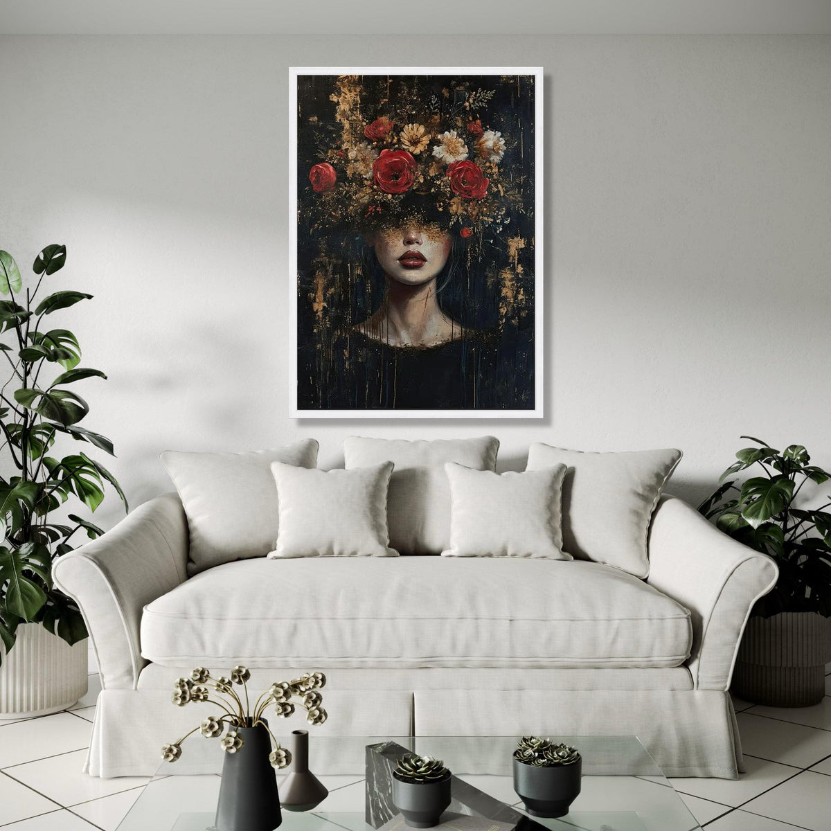 Dark Floral Portrait Canvas Wall Art, Woman with Flowers Painting, Abstract Female Face Decor, Contemporary Art Gift Art, Home Decor, Print