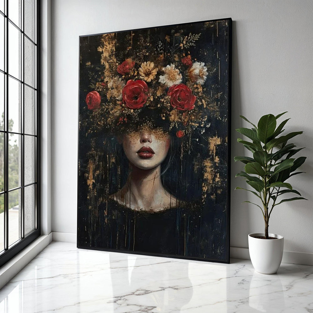 Dark Floral Portrait Canvas Wall Art, Woman with Flowers Painting, Abstract Female Face Decor, Contemporary Art Gift Art, Home Decor, Print