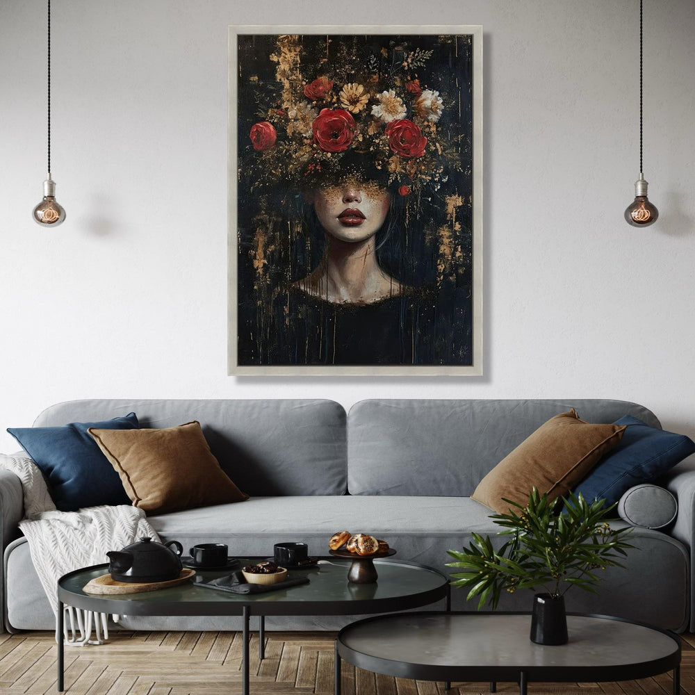 Dark Floral Portrait Canvas Wall Art, Woman with Flowers Painting, Abstract Female Face Decor, Contemporary Art Gift Art, Home Decor, Print