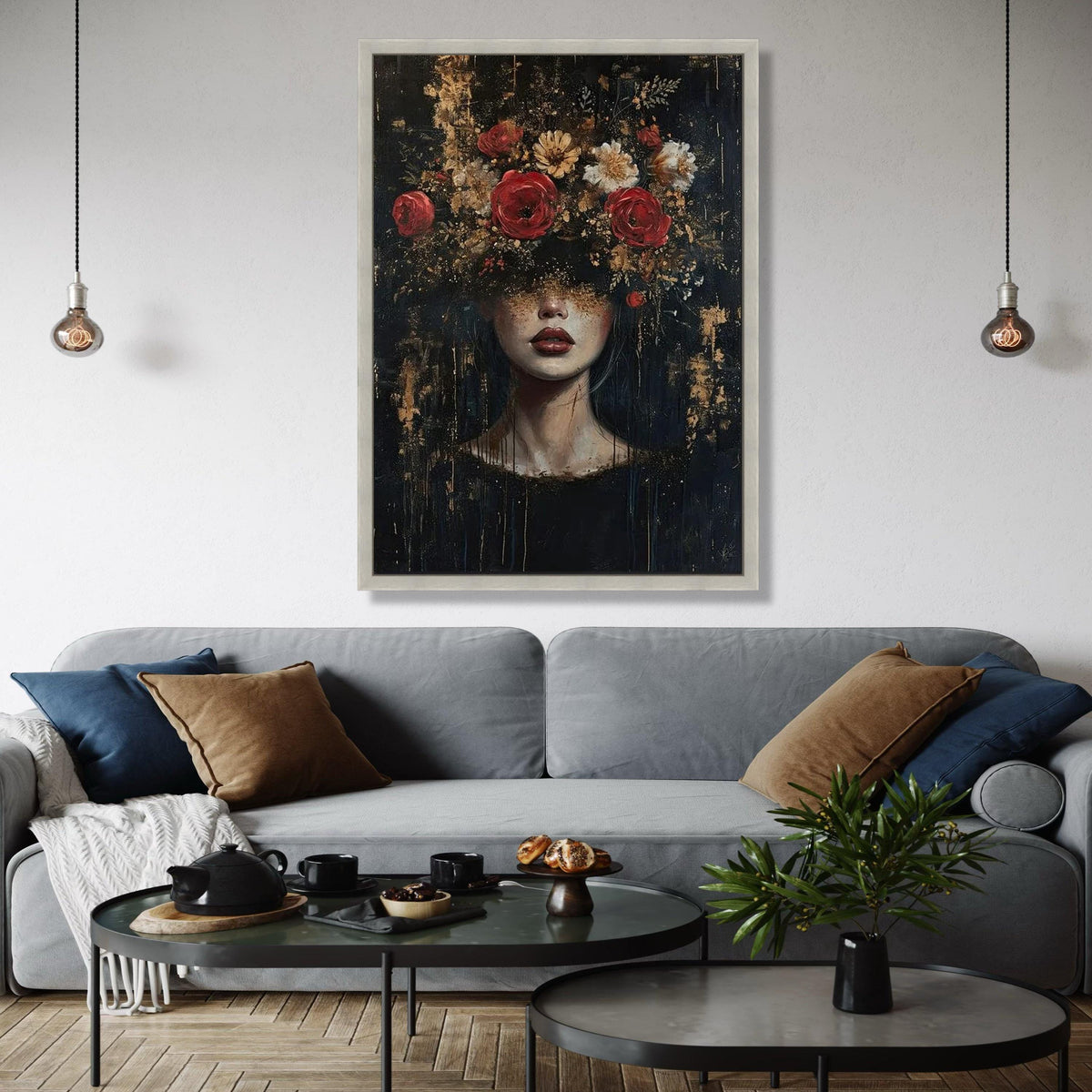 Dark Floral Portrait Canvas Wall Art, Woman with Flowers Painting, Abstract Female Face Decor, Contemporary Art Gift Art, Home Decor, Print