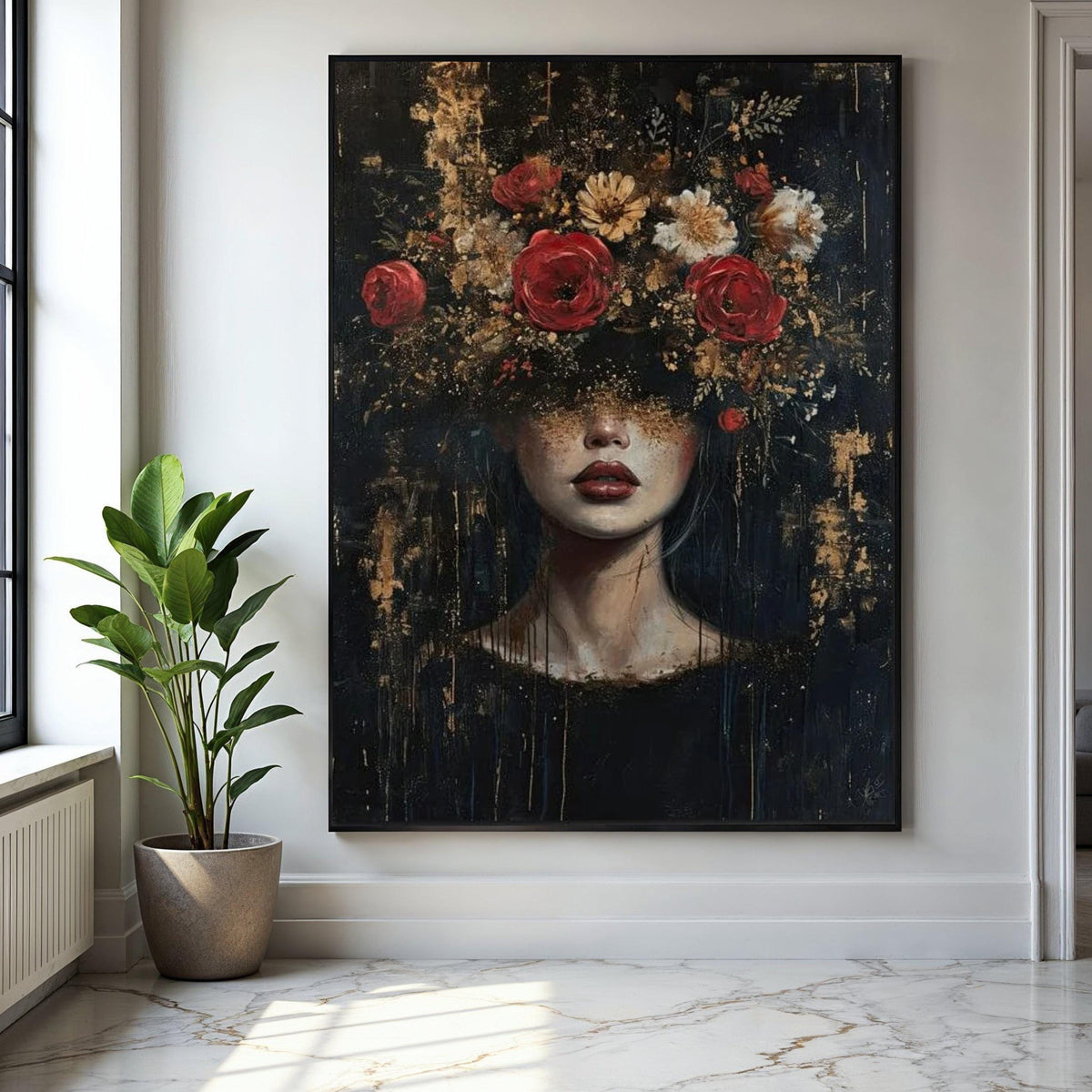 Dark Floral Portrait Canvas Wall Art, Woman with Flowers Painting, Abstract Female Face Decor, Contemporary Art Gift Art, Home Decor, Print