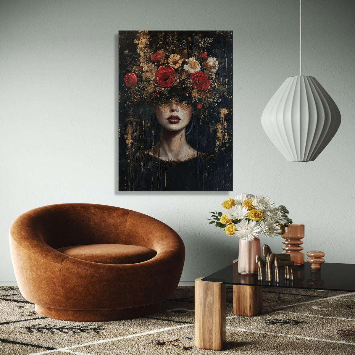 Dark Floral Portrait Canvas Wall Art, Woman with Flowers Painting, Abstract Female Face Decor, Contemporary Art Gift Art, Home Decor, Print